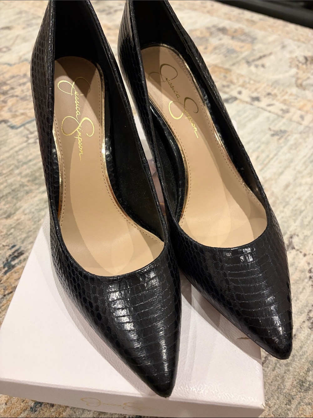 Jessica Simpson Black Faux-Snakeskin Pointed Toe Pumps